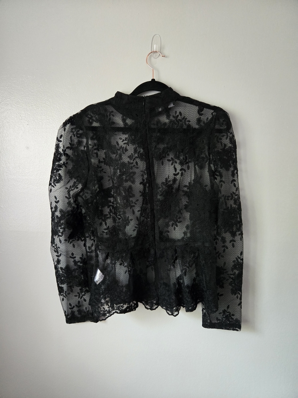 EillyBazar Black Floral Lace Sheer Long Sleeve Peplum Top Mock Neck Romantic XL - Picture 4 of 8